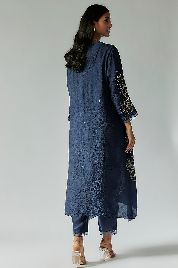 Blue Viscose Silk Floral Embroidered Kurta Set by One not two at Pernia's Pop Up Shop