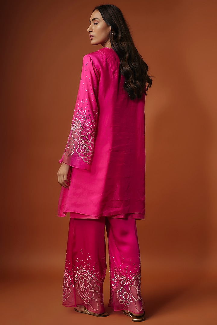 Pink Viscose Silk Floral Sequins Embroidered Tunic Set by One not two at Pernia's Pop Up Shop