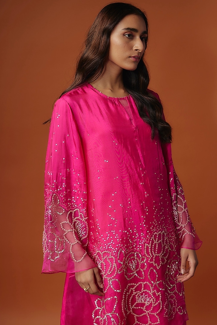 Pink Viscose Silk Floral Sequins Embroidered Tunic Set by One not two at Pernia's Pop Up Shop