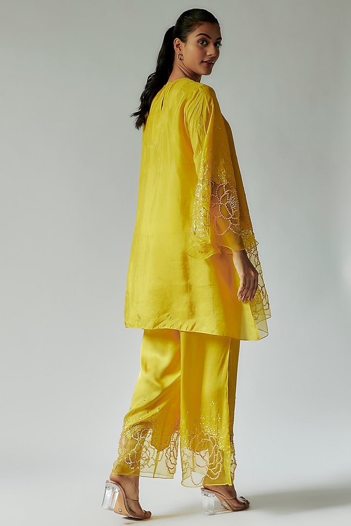 Yellow Viscose Silk Floral Embroidered Kurta Set by One not two at Pernia's Pop Up Shop