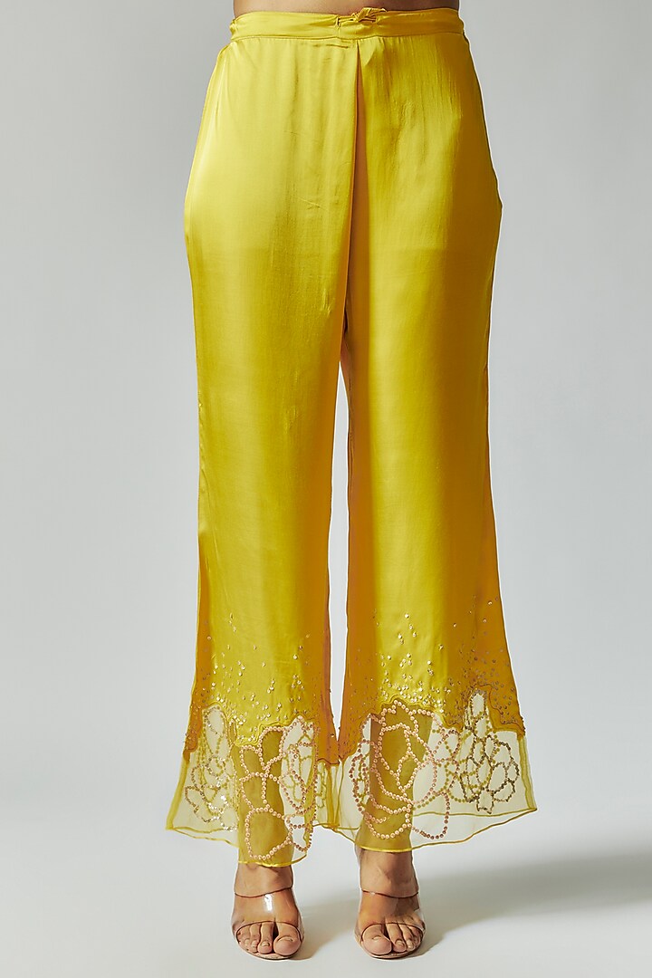 Yellow Viscose Silk Floral Embroidered Kurta Set by One not two at Pernia's Pop Up Shop