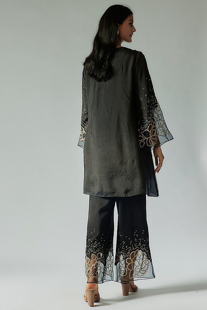 Black Viscose Silk Floral Embroidered Kurta Set by One not two at Pernia's Pop Up Shop