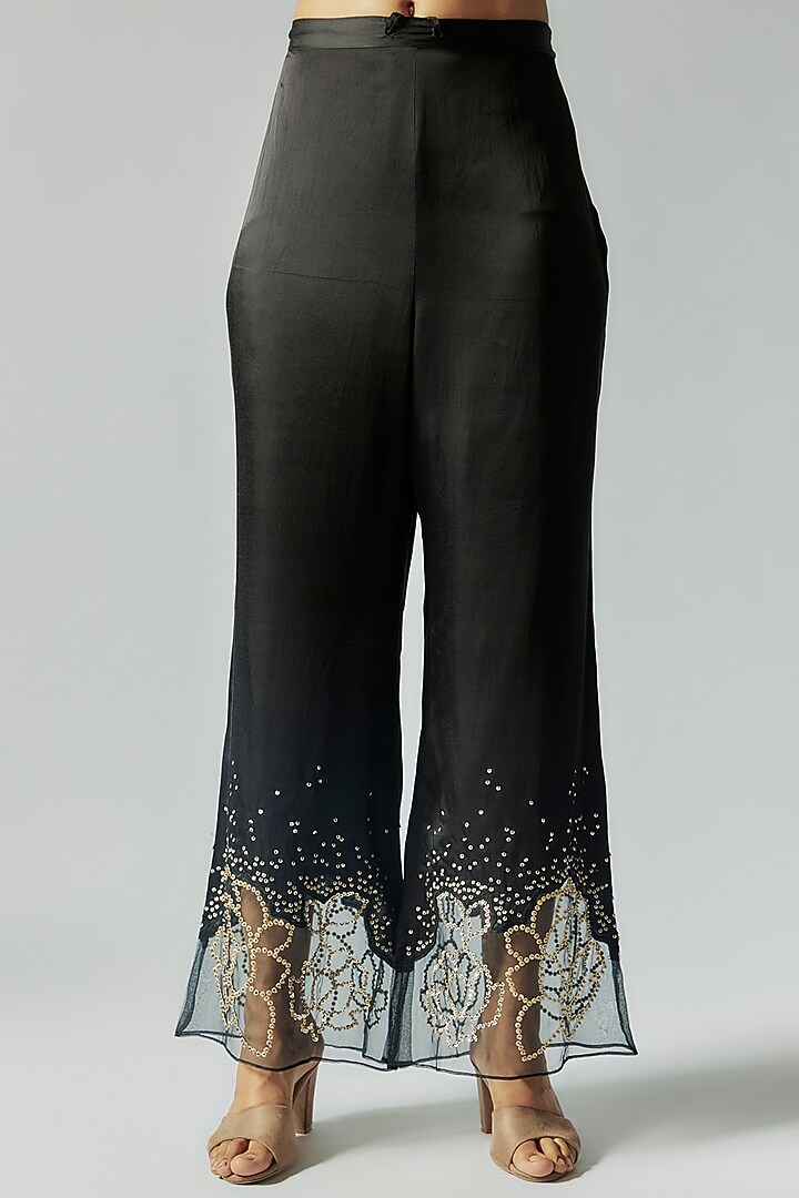 Black Viscose Silk Floral Embroidered Kurta Set by One not two at Pernia's Pop Up Shop