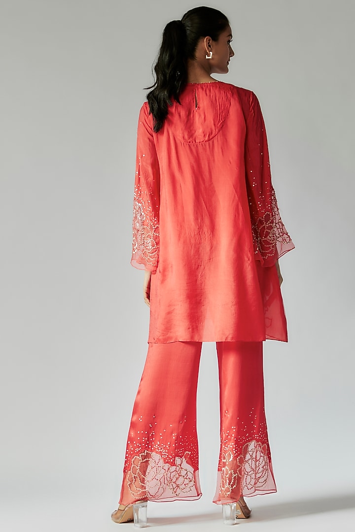 Red Viscose Silk Floral Embroidered Kurta Set by One not two at Pernia's Pop Up Shop