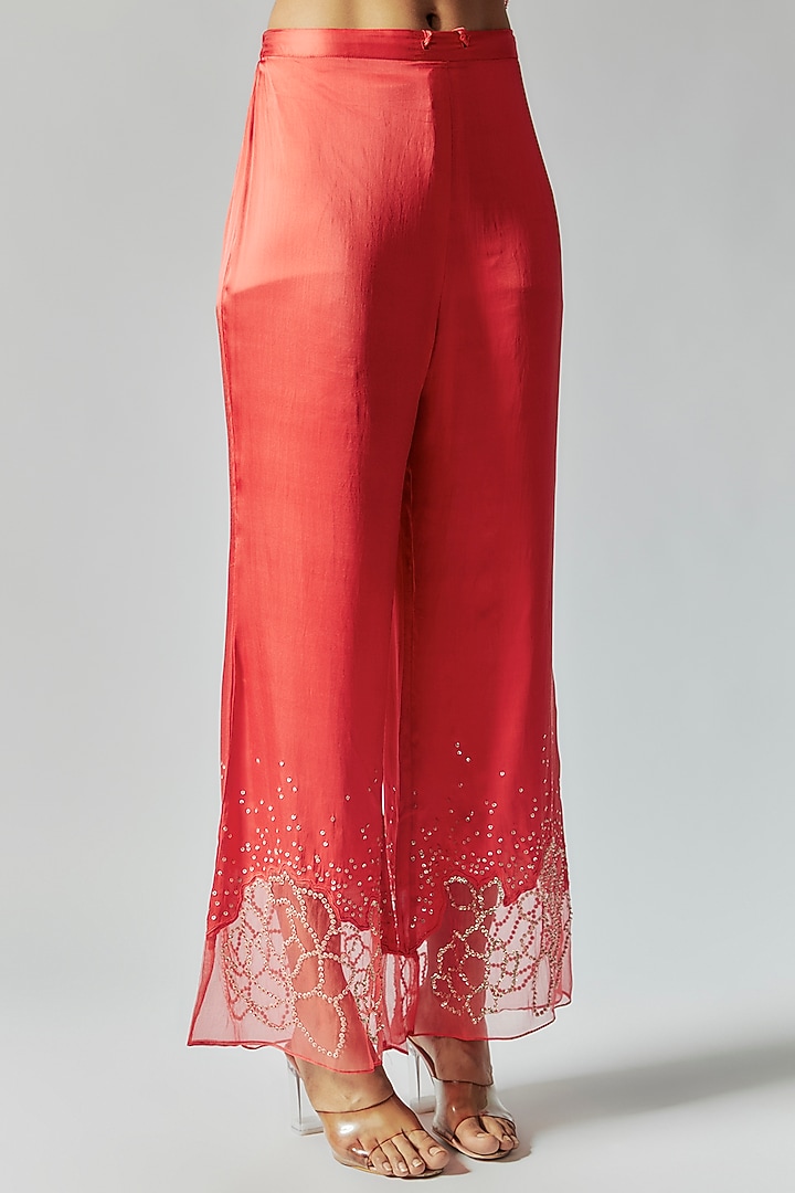 Red Viscose Silk Floral Embroidered Kurta Set by One not two at Pernia's Pop Up Shop