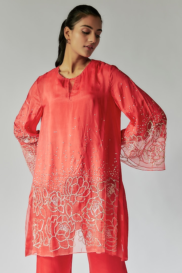 Red Viscose Silk Floral Embroidered Kurta Set by One not two at Pernia's Pop Up Shop