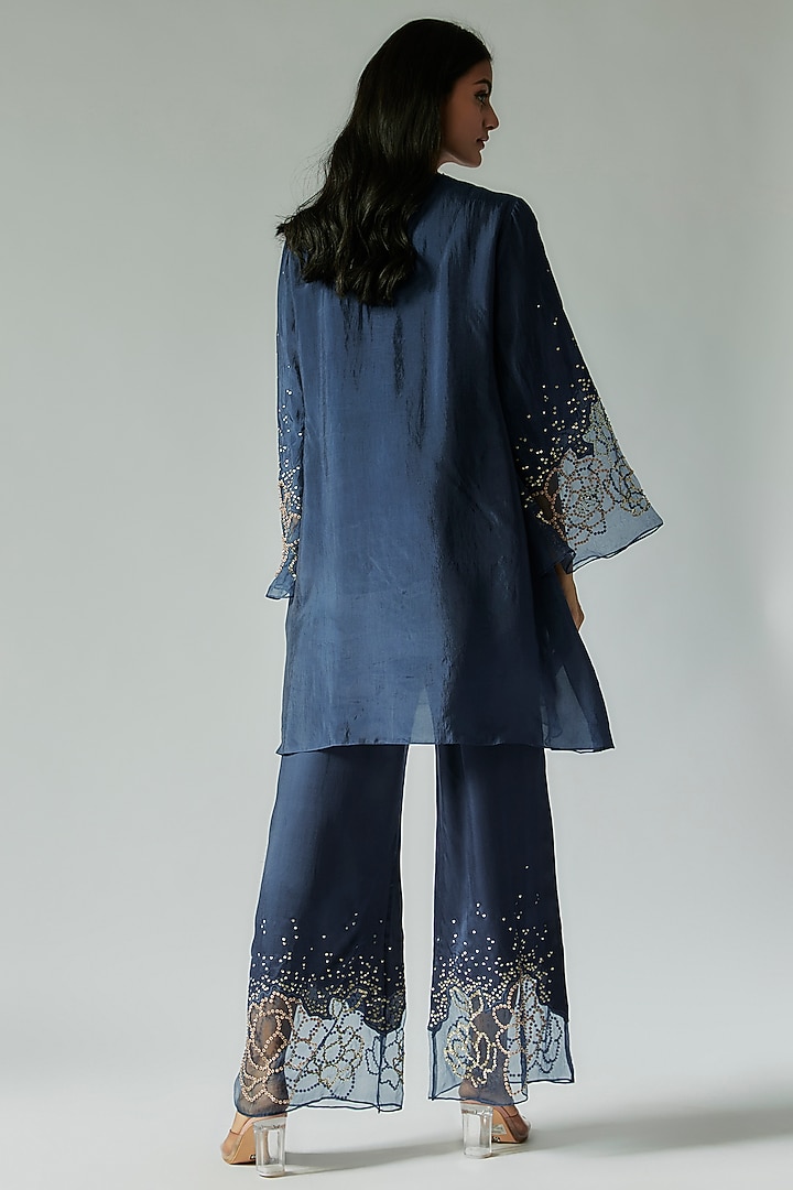 Blue Viscose Silk Floral Embroidered Kurta Set by One not two at Pernia's Pop Up Shop