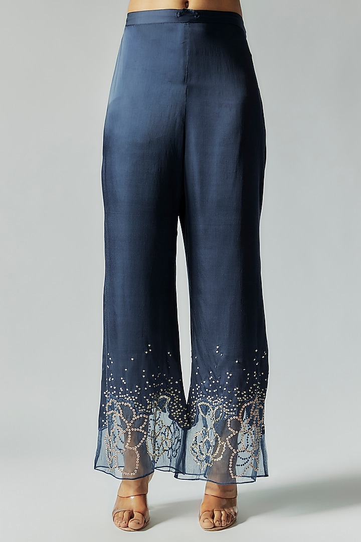 Blue Viscose Silk Floral Embroidered Kurta Set by One not two at Pernia's Pop Up Shop