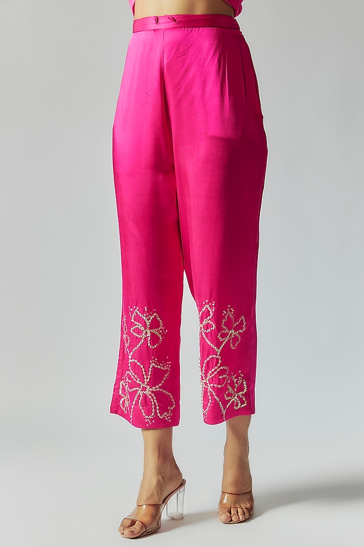 Pink Viscose Silk Floral Embroidered Kurta Set by One not two at Pernia's Pop Up Shop