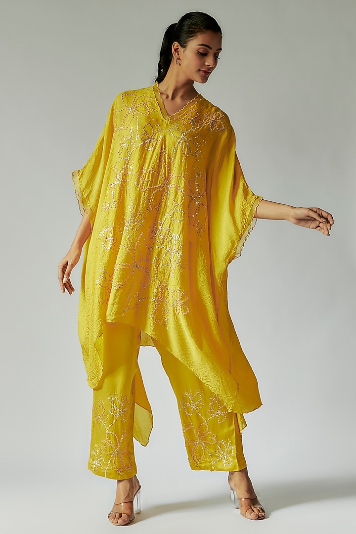 Yellow Viscose Silk Floral Embroidered Kurta Set by One not two at Pernia's Pop Up Shop