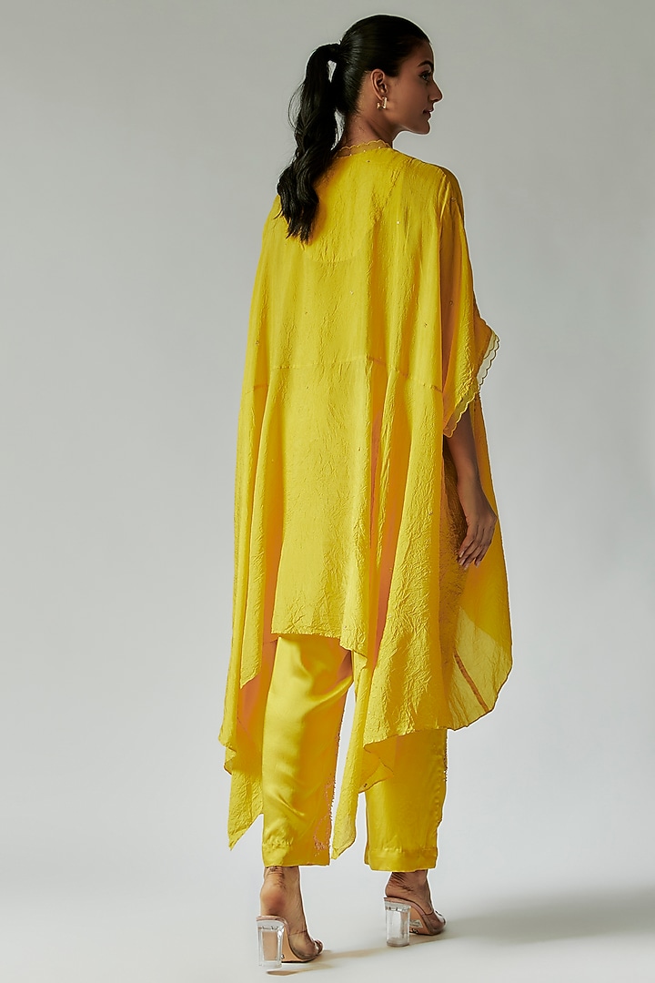 Yellow Viscose Silk Floral Embroidered Kurta Set by One not two at Pernia's Pop Up Shop