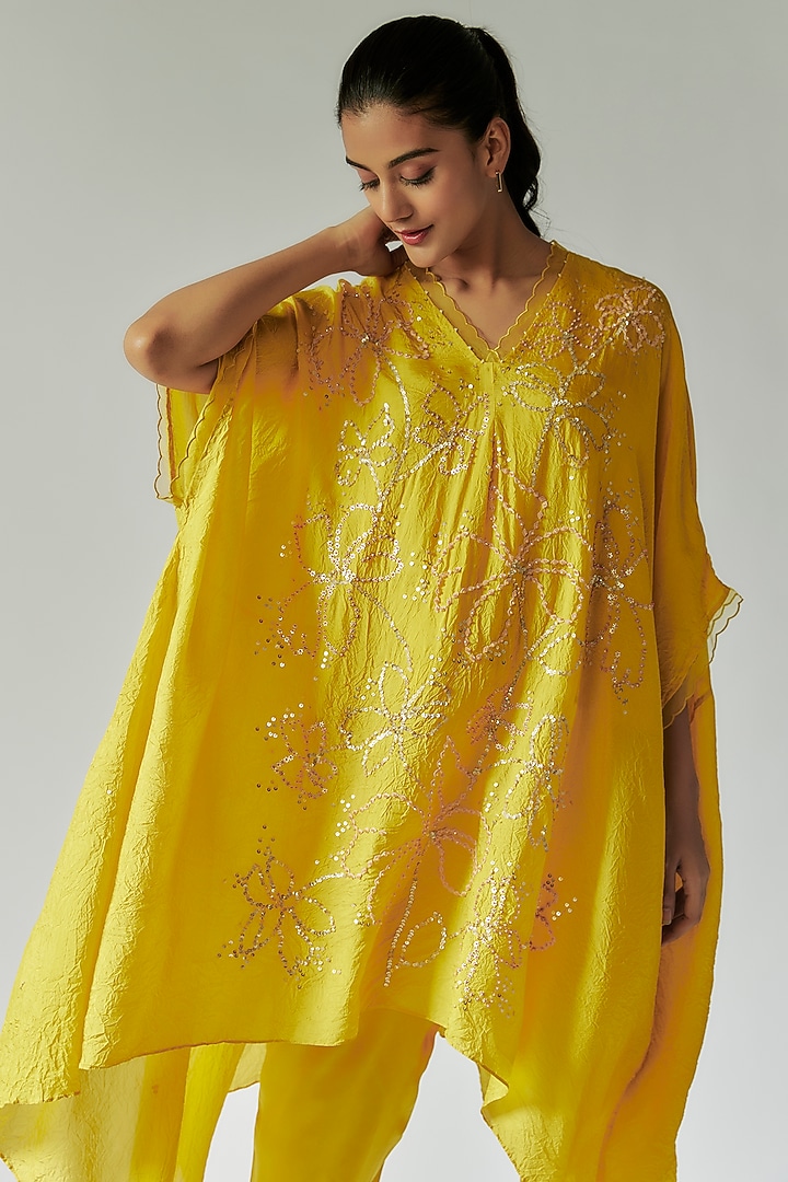 Yellow Viscose Silk Floral Embroidered Kurta Set by One not two at Pernia's Pop Up Shop