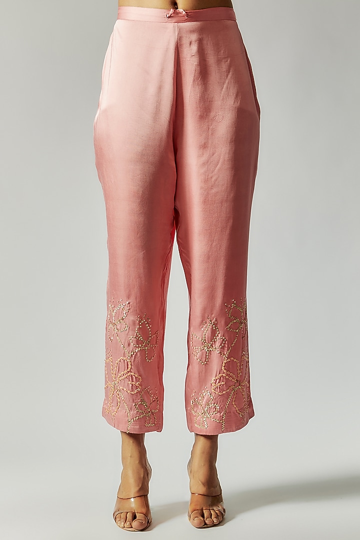 Pink Viscose Silk Floral Embroidered Kurta Set by One not two at Pernia's Pop Up Shop