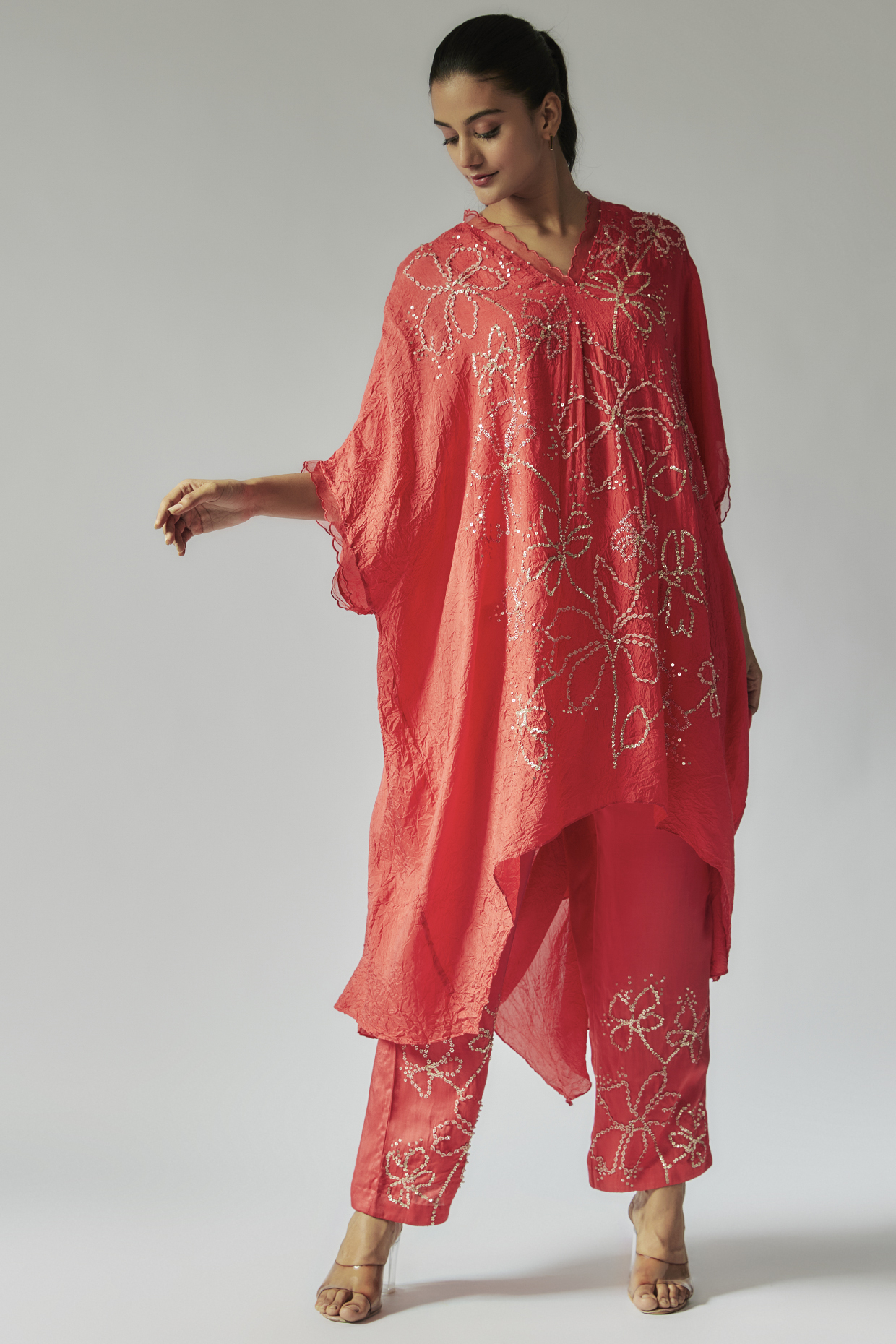Red Viscose Silk Floral Embroidered Kurta Set by One not two at Pernia's Pop Up Shop