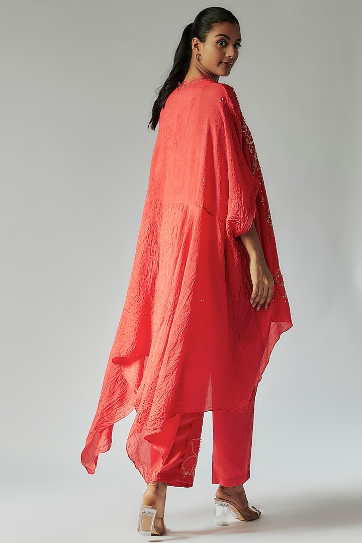 Red Viscose Silk Floral Embroidered Kurta Set by One not two at Pernia's Pop Up Shop