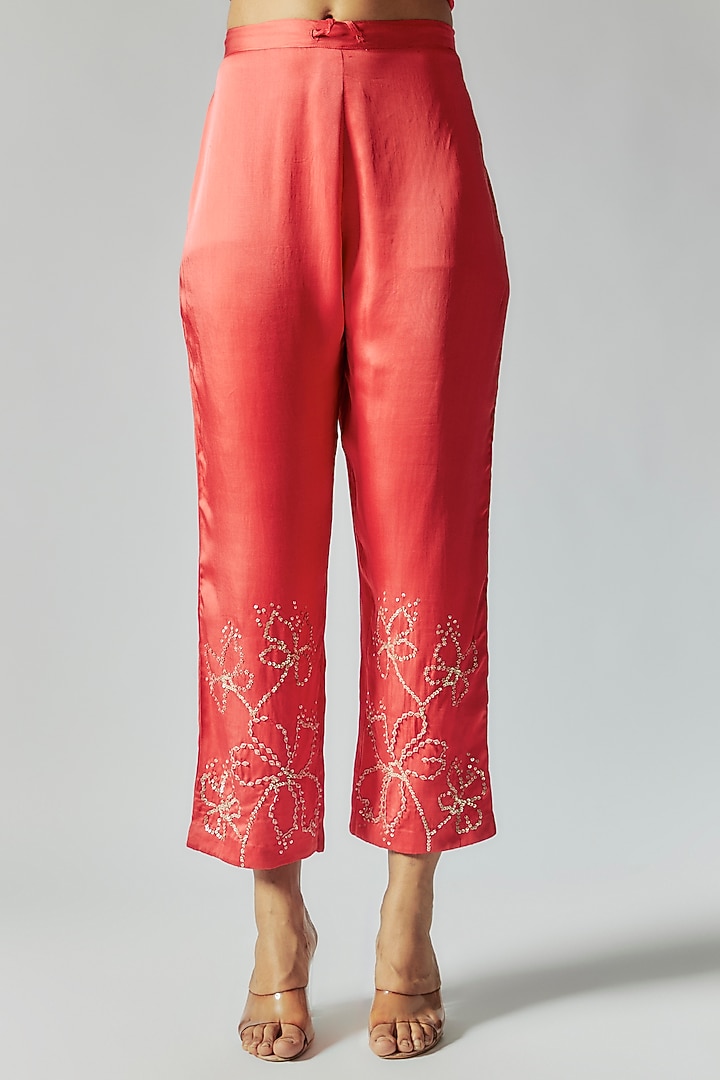 Red Viscose Silk Floral Embroidered Kurta Set by One not two at Pernia's Pop Up Shop