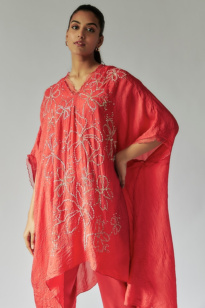 Red Viscose Silk Floral Embroidered Kurta Set by One not two at Pernia's Pop Up Shop