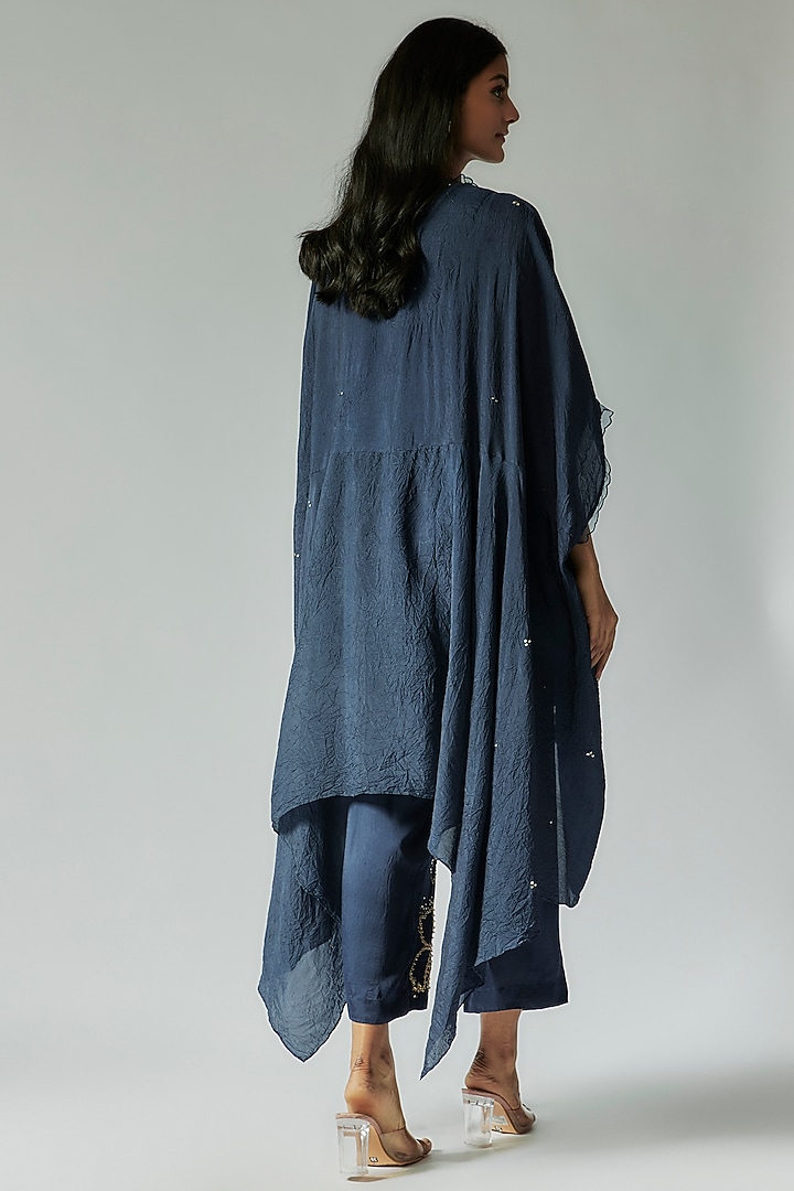 Blue Viscose Silk Floral Embroidered Kurta Set by One not two at Pernia's Pop Up Shop