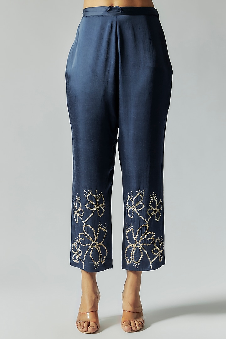 Blue Viscose Silk Floral Embroidered Kurta Set by One not two at Pernia's Pop Up Shop