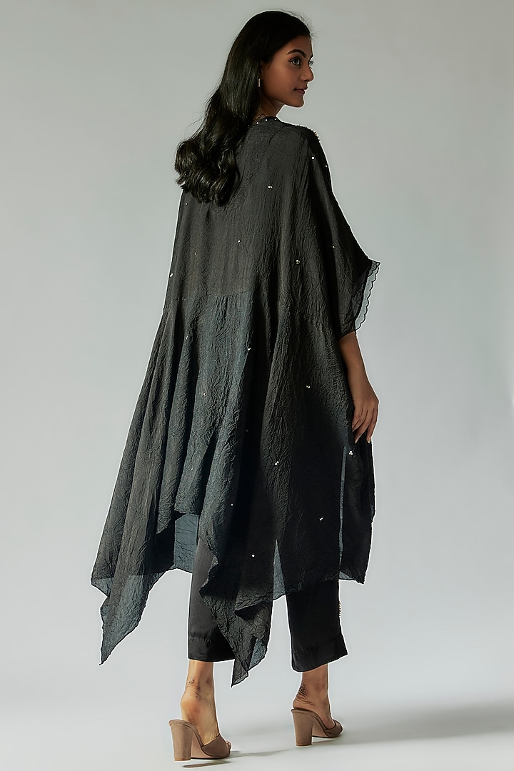 Black Viscose Silk Floral Embroidered Kurta Set by One not two at Pernia's Pop Up Shop