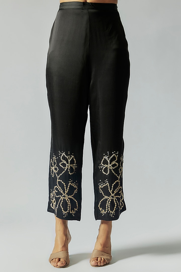 Black Viscose Silk Floral Embroidered Kurta Set by One not two at Pernia's Pop Up Shop