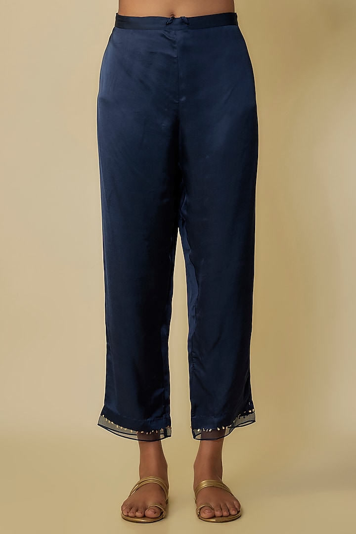 Navy Blue Crushed Silk Hand Embroidered Kurta Set by One not two at Pernia's Pop Up Shop