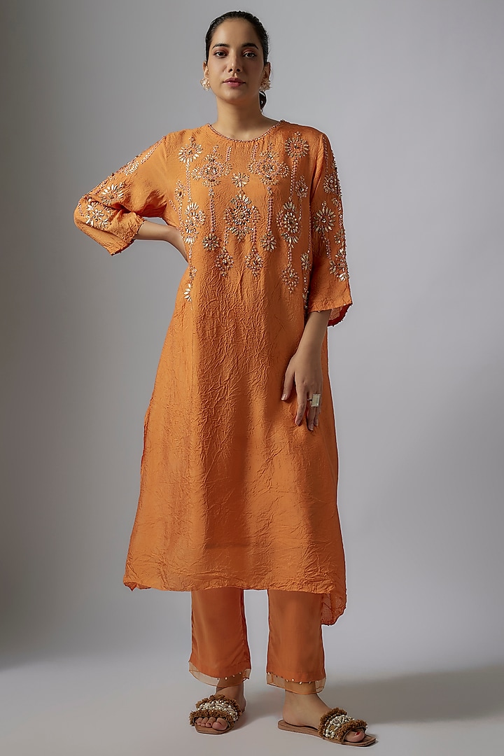 Apricot Orange Crushed Silk Hand Embroidered Kurta Set by One not two at Pernia's Pop Up Shop