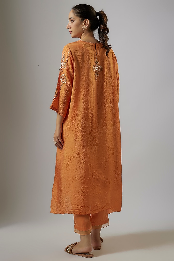Apricot Orange Crushed Silk Hand Embroidered Kurta Set by One not two at Pernia's Pop Up Shop