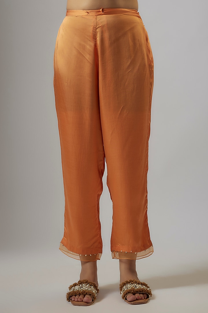 Apricot Orange Crushed Silk Hand Embroidered Kurta Set by One not two at Pernia's Pop Up Shop