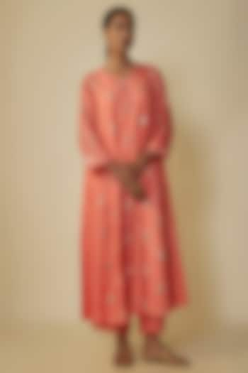 Coral Crushed Silk Hand Embroidered A-Line Kurta Set by One not two at Pernia's Pop Up Shop