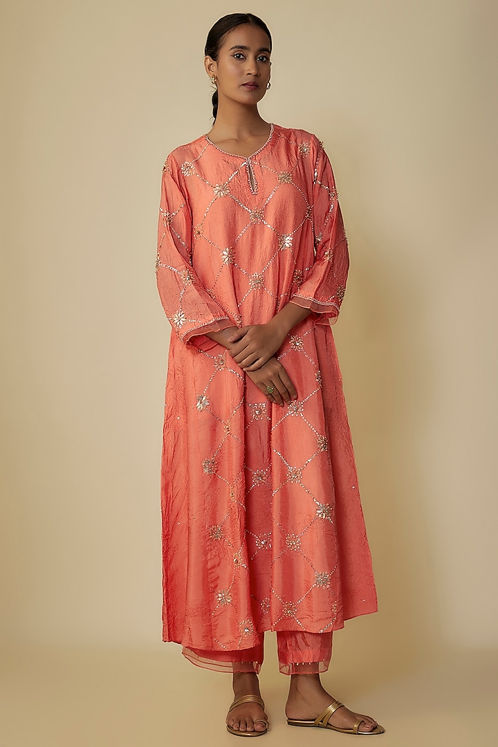 Coral Crushed Silk Hand Embroidered A-Line Kurta Set by One not two at Pernia's Pop Up Shop