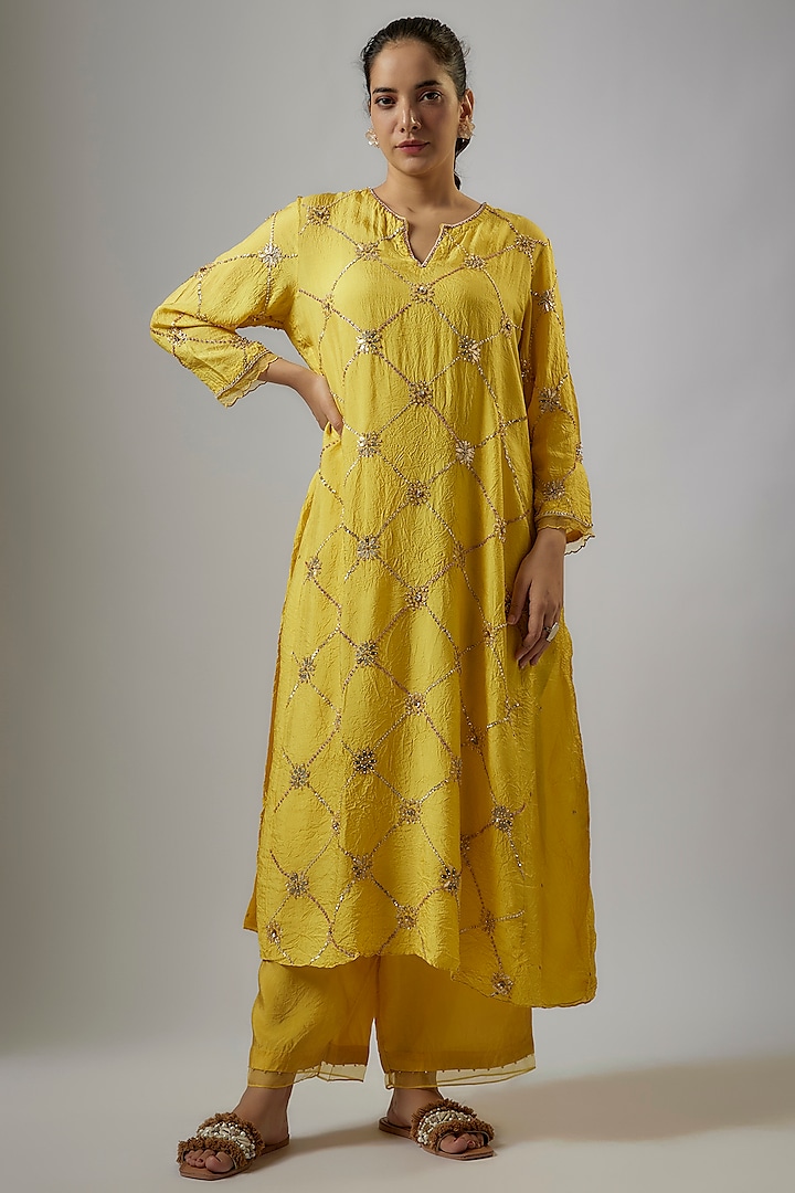 Mango Yellow Crushed Silk Hand Embroidered A-Line Kurta Set by One not two at Pernia's Pop Up Shop