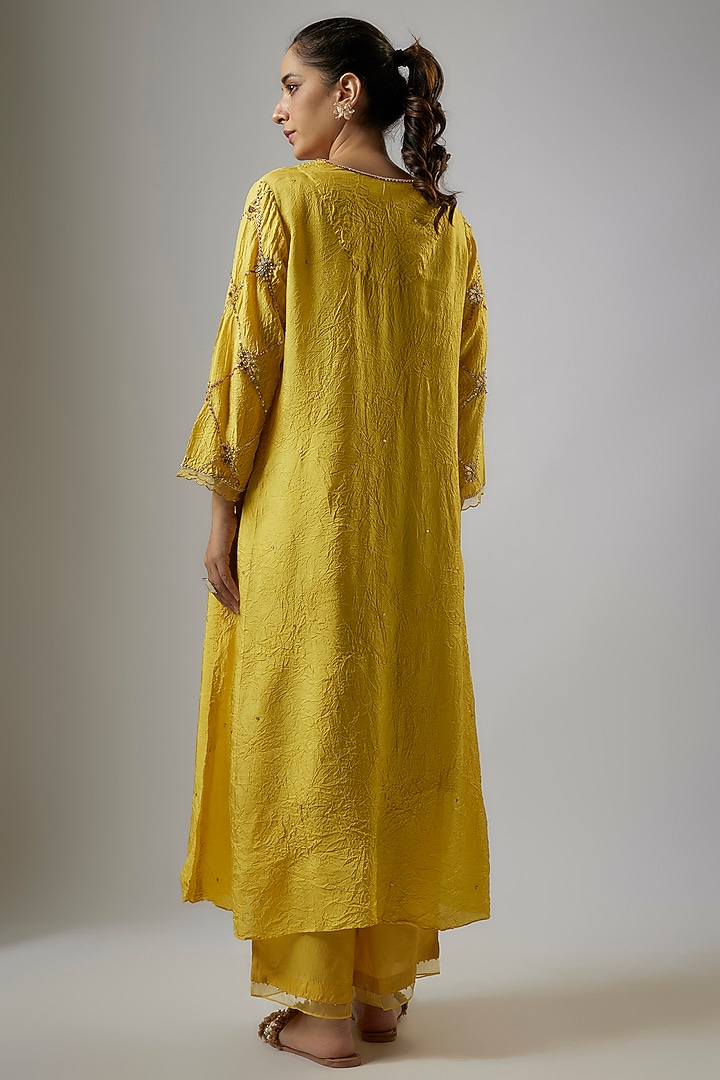 Mango Yellow Crushed Silk Hand Embroidered A-Line Kurta Set by One not two at Pernia's Pop Up Shop