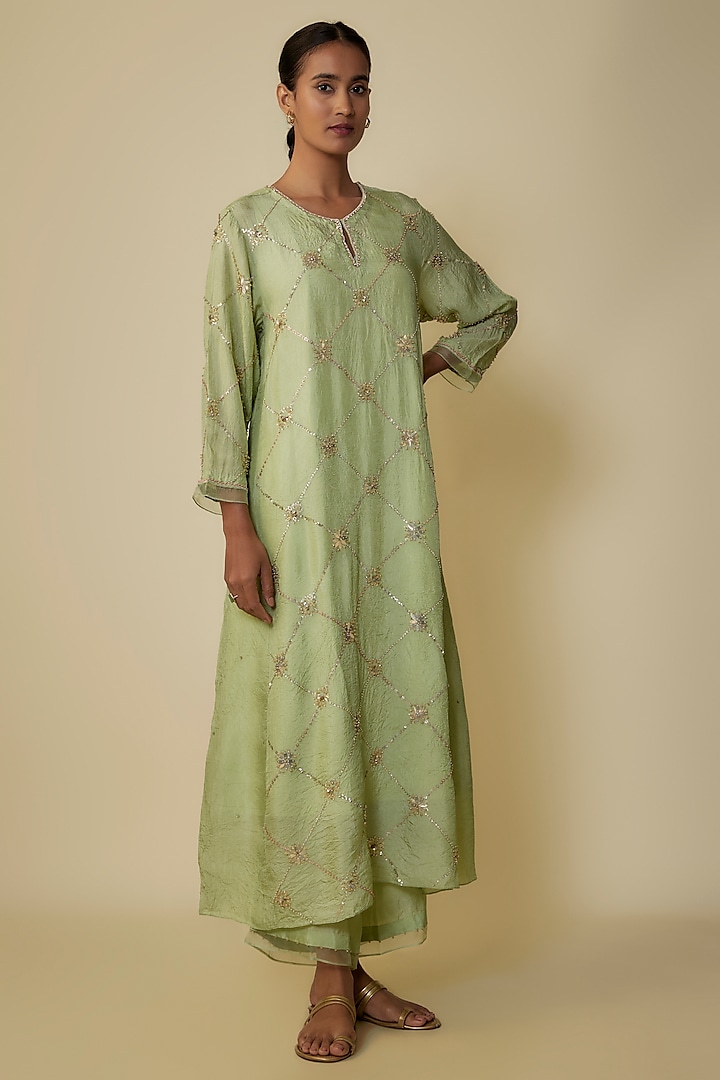 Mist Green Crushed Silk Hand Embroidered A-Line Kurta Set by One not two at Pernia's Pop Up Shop