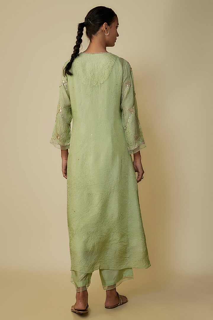 Mist Green Crushed Silk Hand Embroidered A-Line Kurta Set by One not two at Pernia's Pop Up Shop