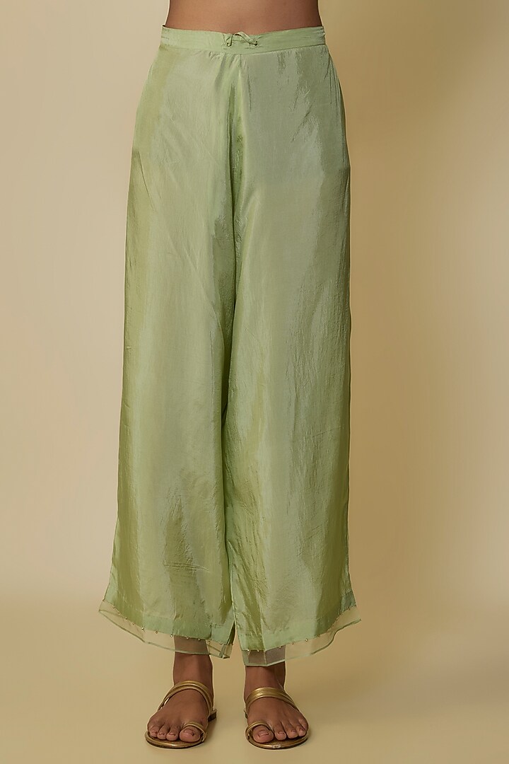 Mist Green Crushed Silk Hand Embroidered A-Line Kurta Set by One not two at Pernia's Pop Up Shop