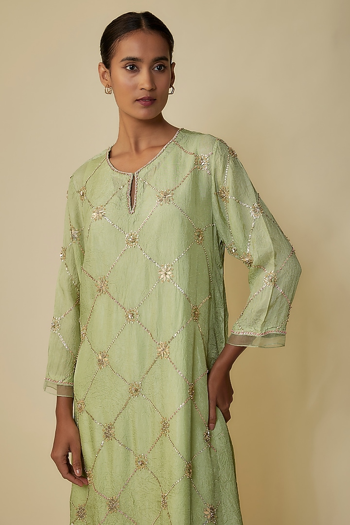 Mist Green Crushed Silk Hand Embroidered A-Line Kurta Set by One not two at Pernia's Pop Up Shop