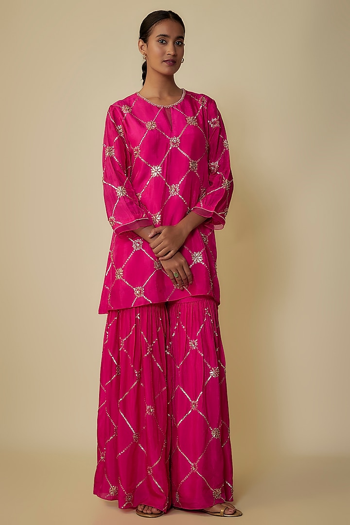 Hot Pink Crushed Silk Hand Embroidered A-Line Kurta Set by One not two at Pernia's Pop Up Shop