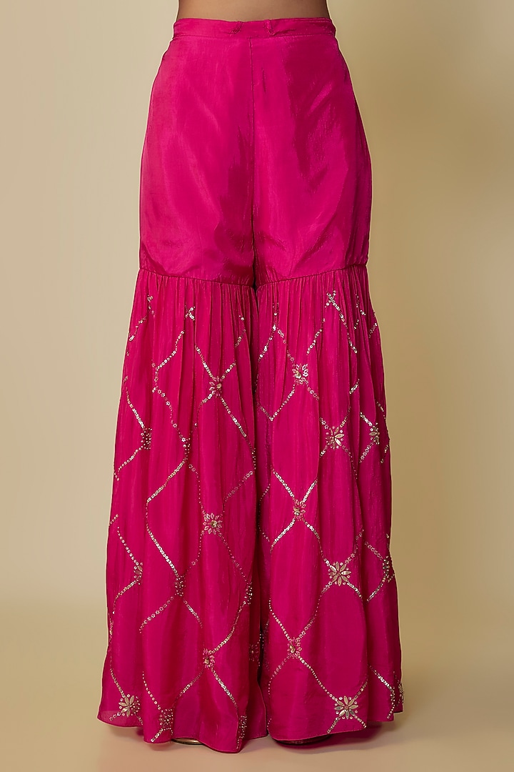 Hot Pink Crushed Silk Hand Embroidered A-Line Kurta Set by One not two at Pernia's Pop Up Shop