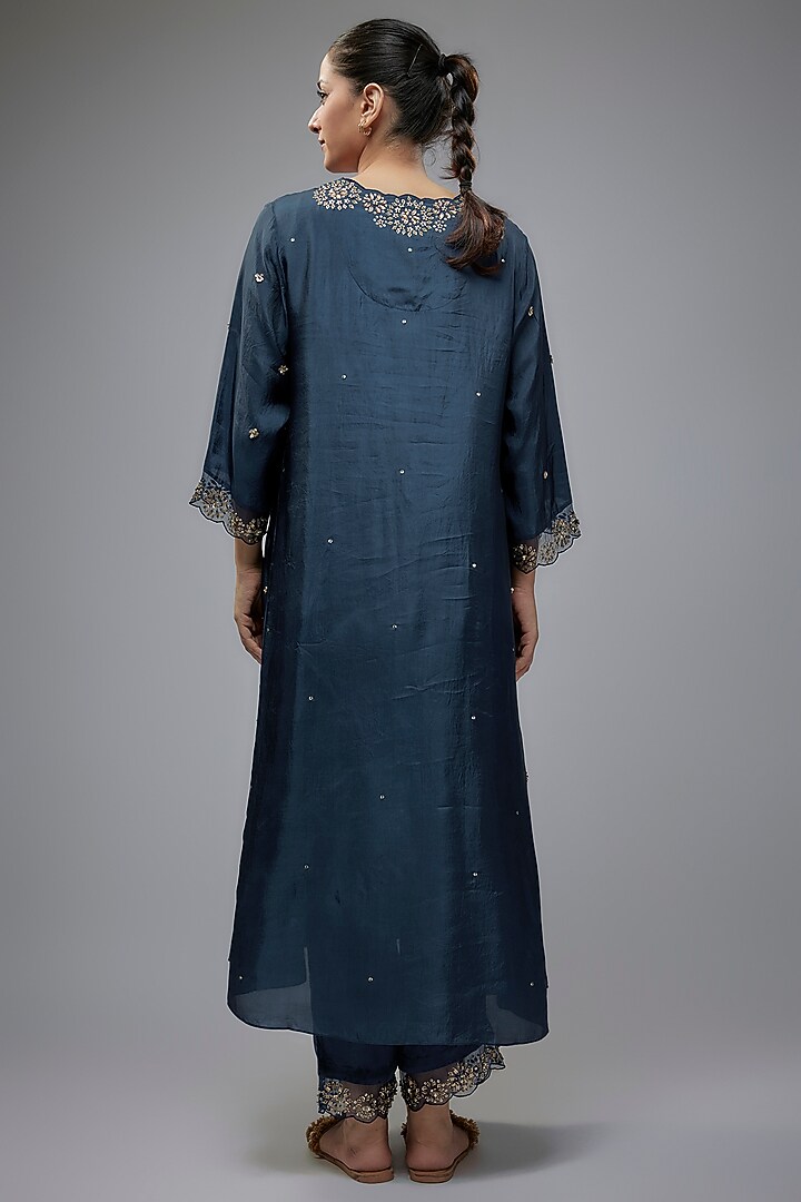 Navy Blue Viscose Silk Hand Embroidered Kurta Set by One not two at Pernia's Pop Up Shop
