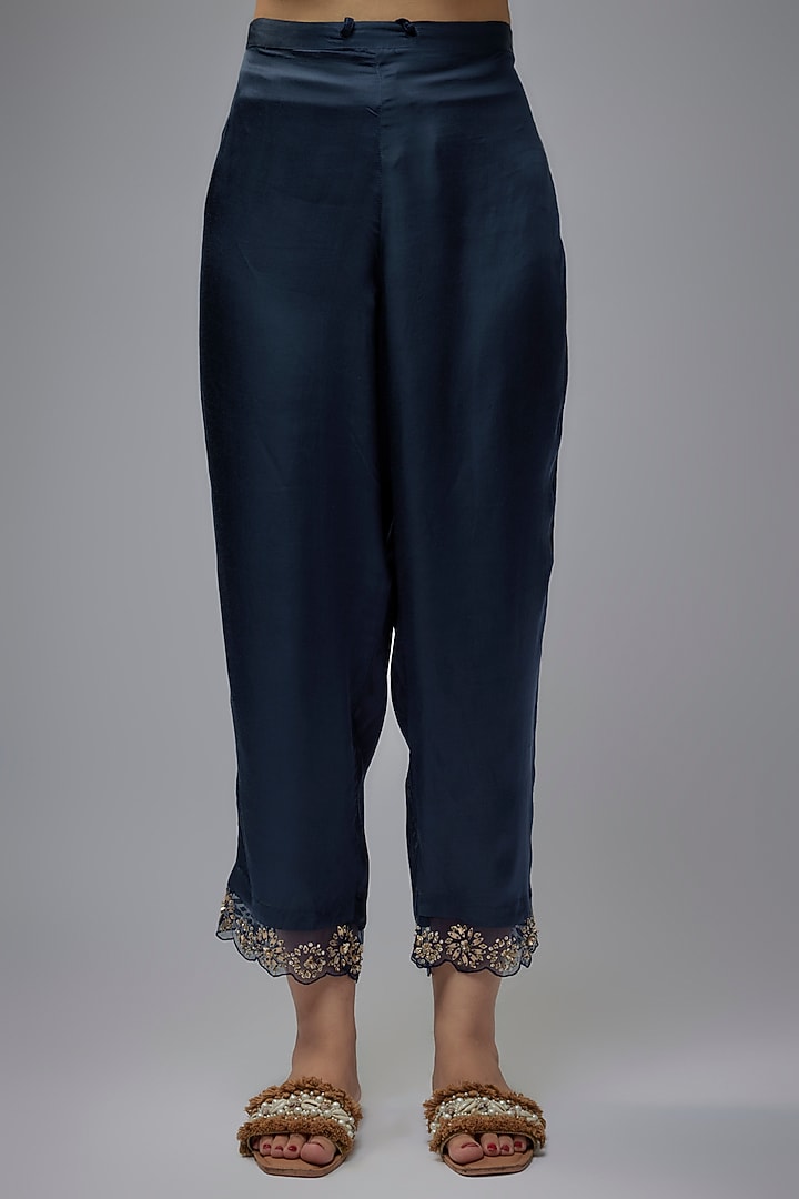 Navy Blue Viscose Silk Hand Embroidered Kurta Set by One not two at Pernia's Pop Up Shop