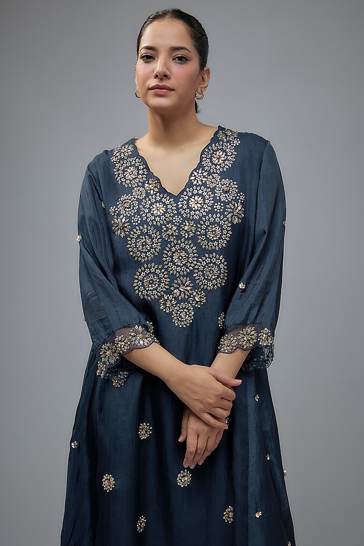Navy Blue Viscose Silk Hand Embroidered Kurta Set by One not two at Pernia's Pop Up Shop