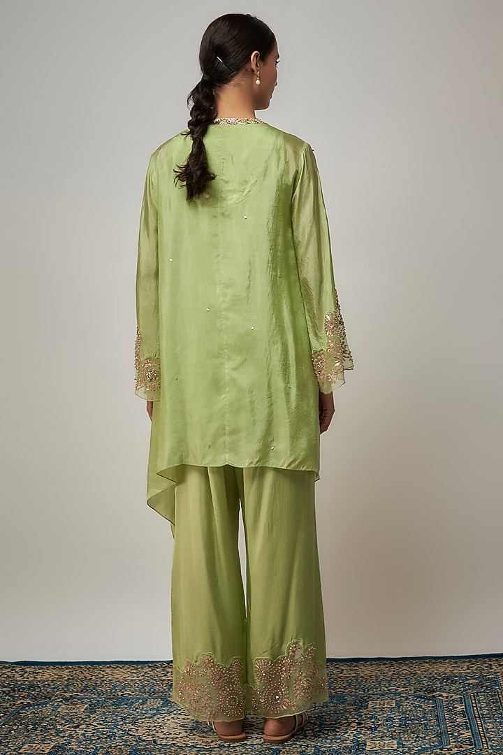 Mist Green Viscose Silk Hand Embroidered Kurta Set by One not two at Pernia's Pop Up Shop