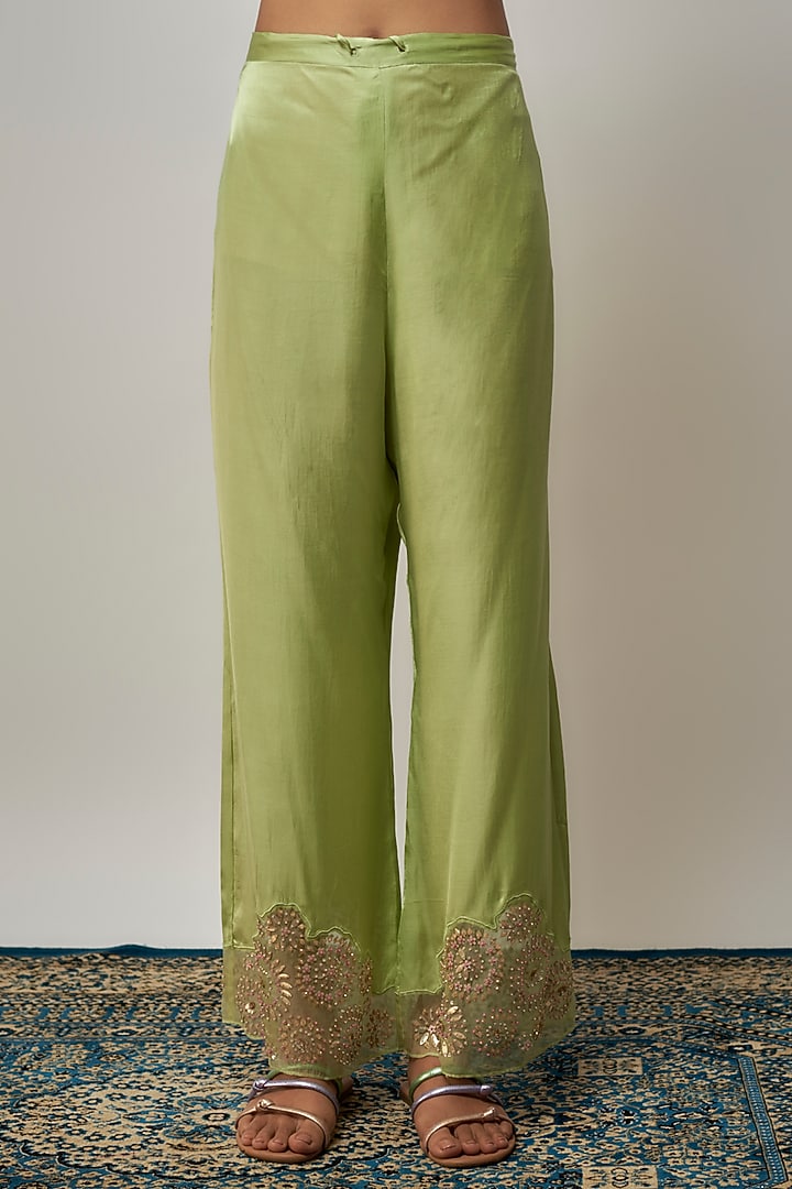 Mist Green Viscose Silk Hand Embroidered Kurta Set by One not two at Pernia's Pop Up Shop