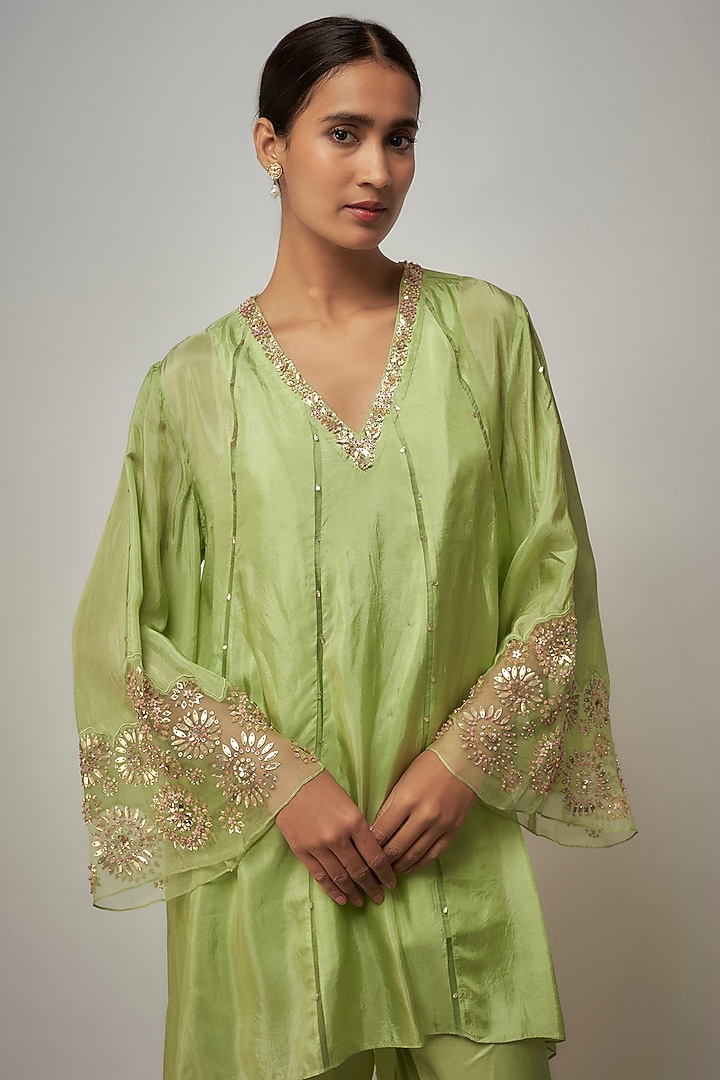 Mist Green Viscose Silk Hand Embroidered Kurta Set by One not two at Pernia's Pop Up Shop