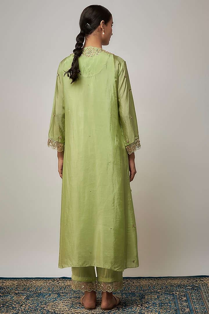 Mist Green Viscose Silk Hand Embroidered Kurta Set by One not two at Pernia's Pop Up Shop