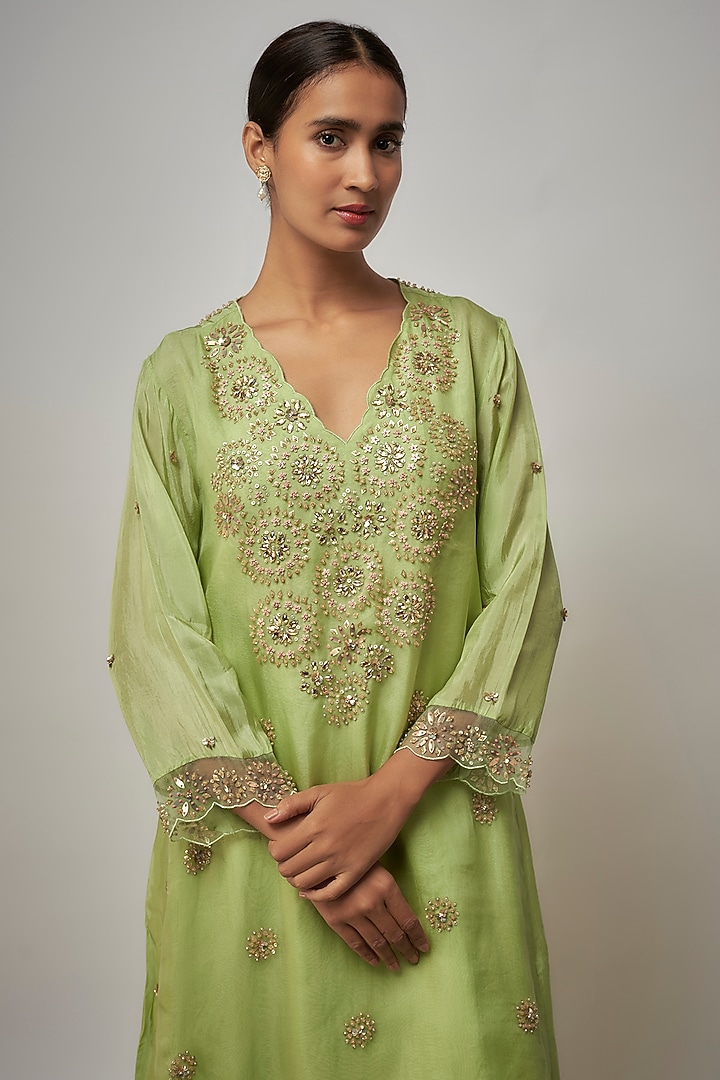 Mist Green Viscose Silk Hand Embroidered Kurta Set by One not two at Pernia's Pop Up Shop