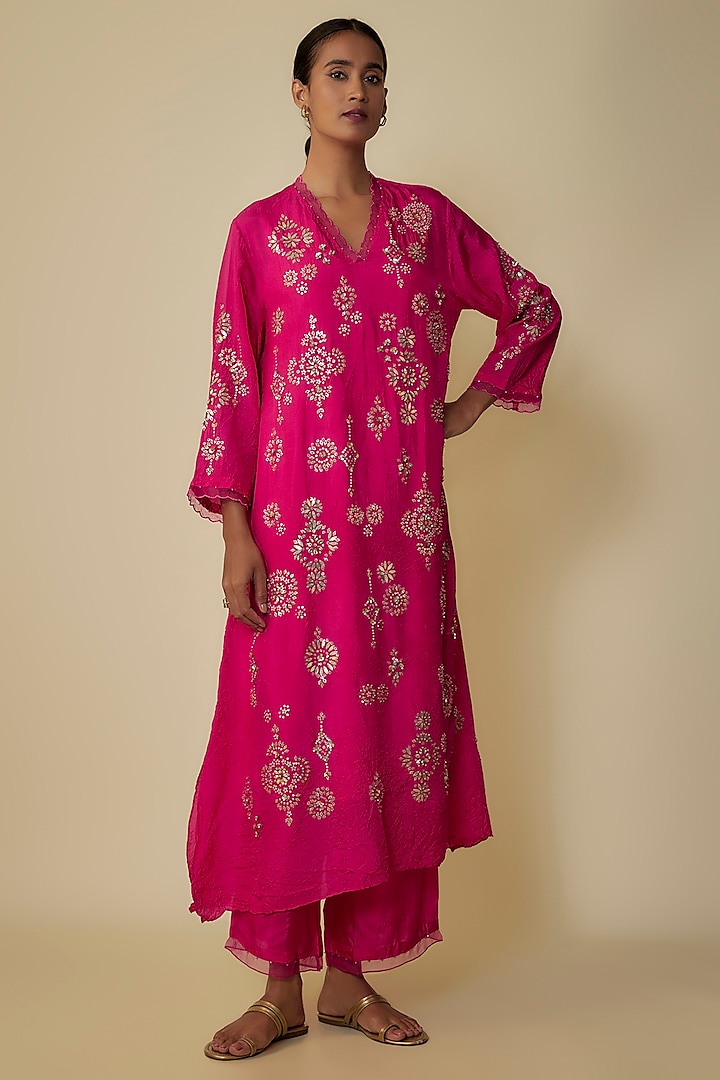 Hot Pink Crushed Silk Hand Embroidered Kurta Set by One not two at Pernia's Pop Up Shop