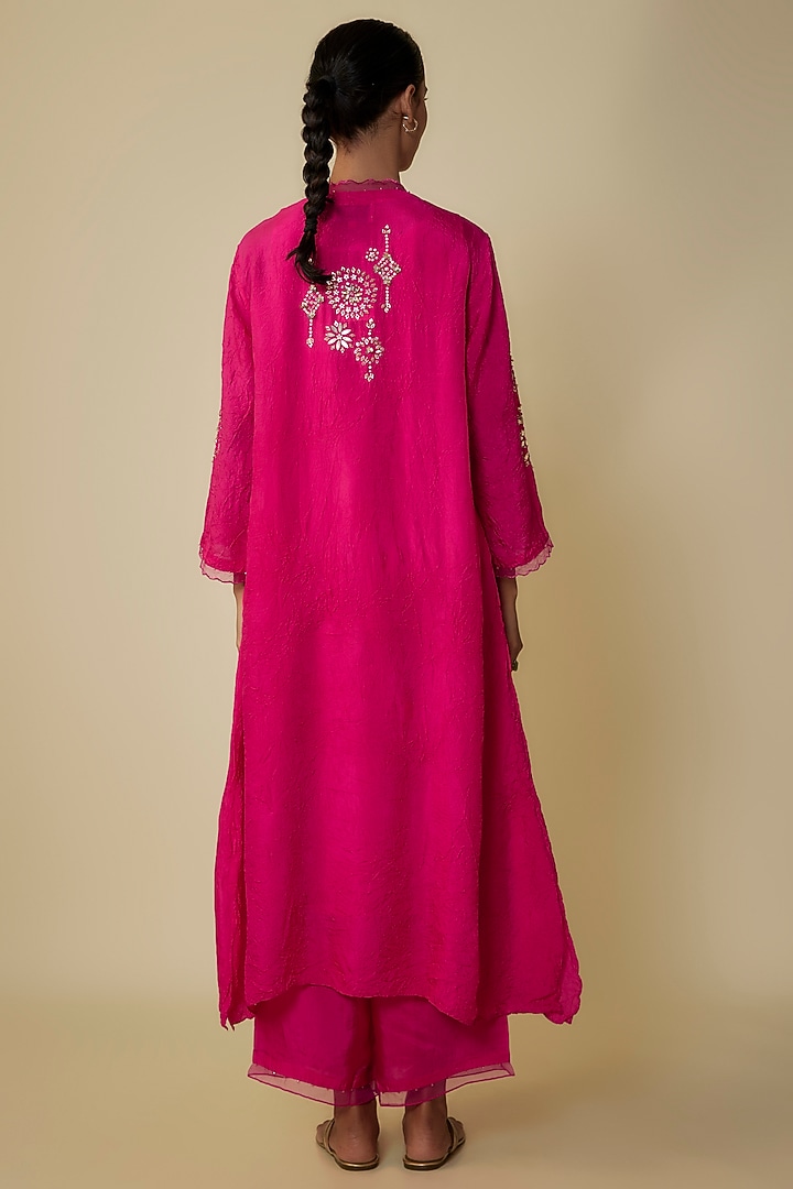 Hot Pink Crushed Silk Hand Embroidered Kurta Set by One not two at Pernia's Pop Up Shop