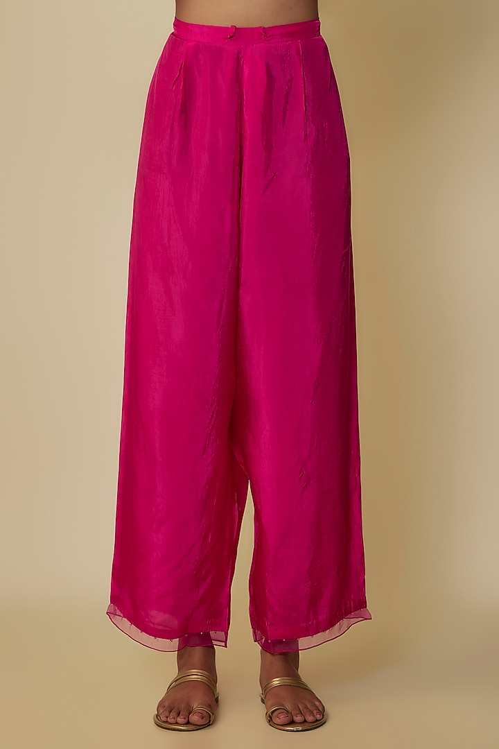 Hot Pink Crushed Silk Hand Embroidered Kurta Set by One not two at Pernia's Pop Up Shop